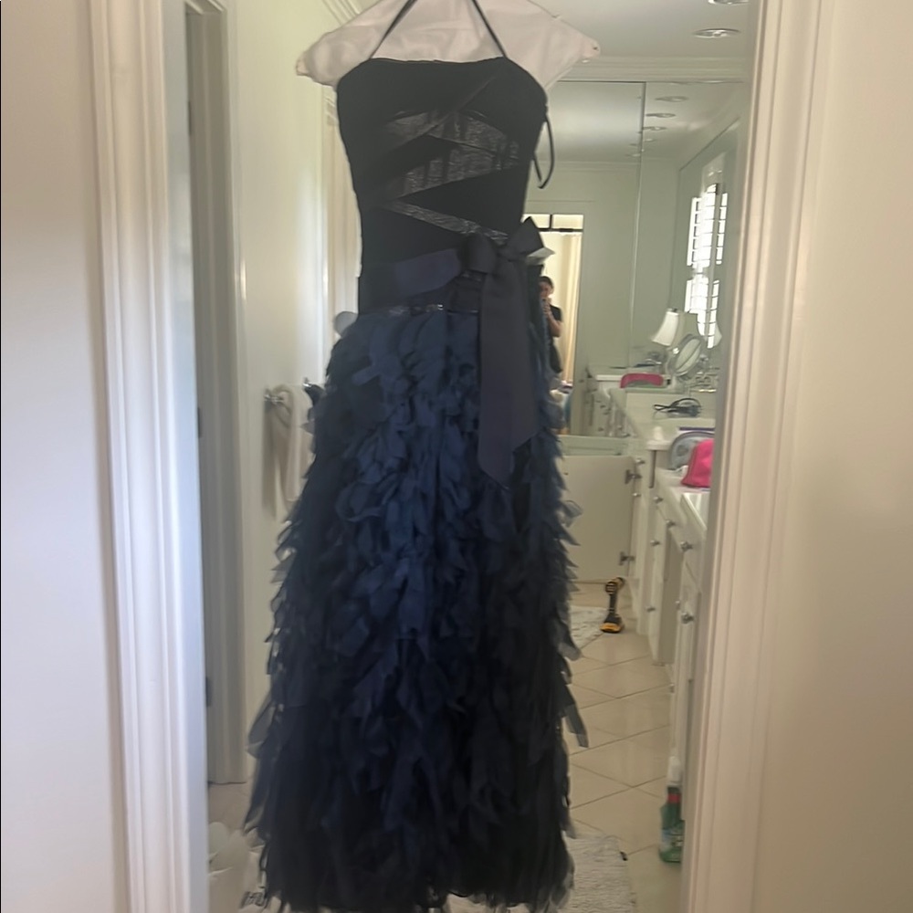 Tadashi Shoji Black and Blue Ruffled Tiered Gown